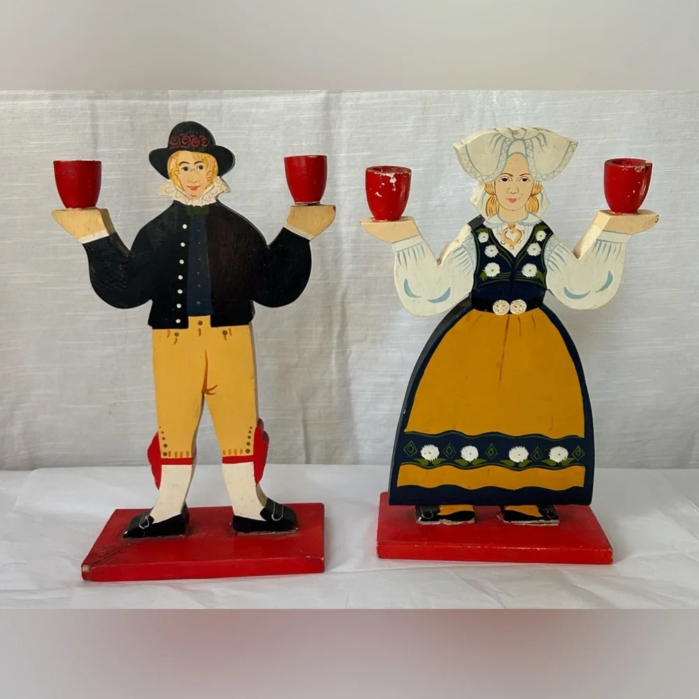 Vintage 1980's IKEA Lizzy Velander Swedish Folk Art Wooden Candle Holders